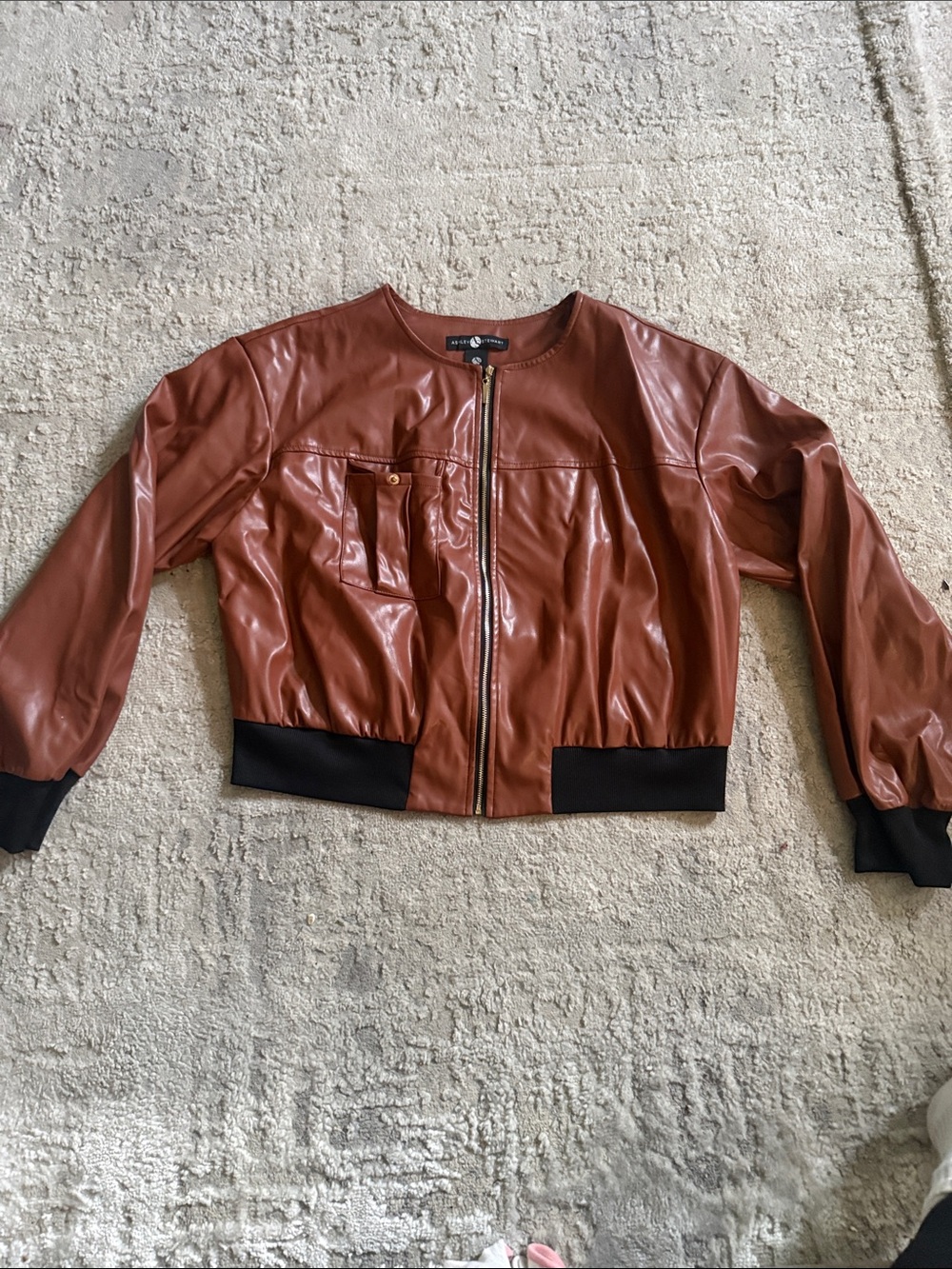 Ashley Stewart Cognac Faux Leather Bomber Jacket with Black Trim